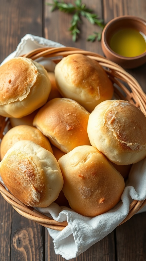 Vegan Bread Machine Dinner Rolls Recipe A basket of golden brown vegan dinner rolls on a wooden table with olive oil for dipping.
